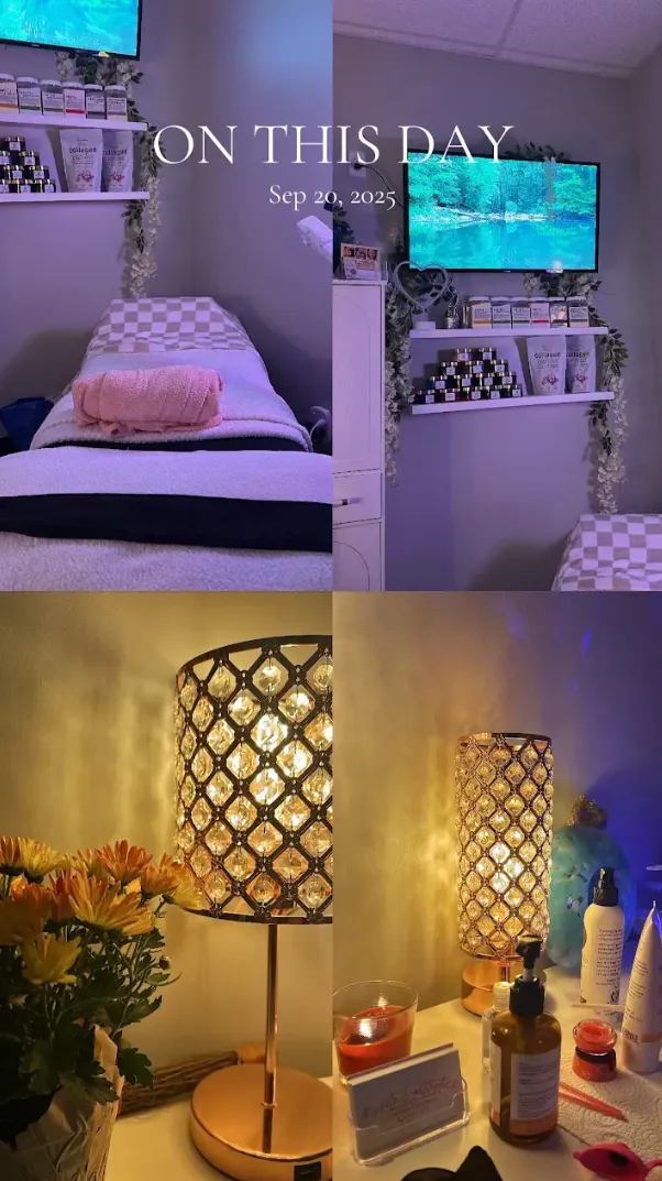 The lilac-lit treatment room and candlelit product shelf at the studio